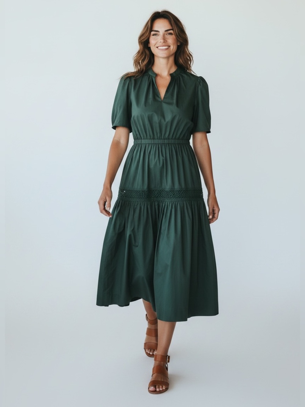 Sugarlips Green Puff Sleeve Tiered Midi Dress Size M